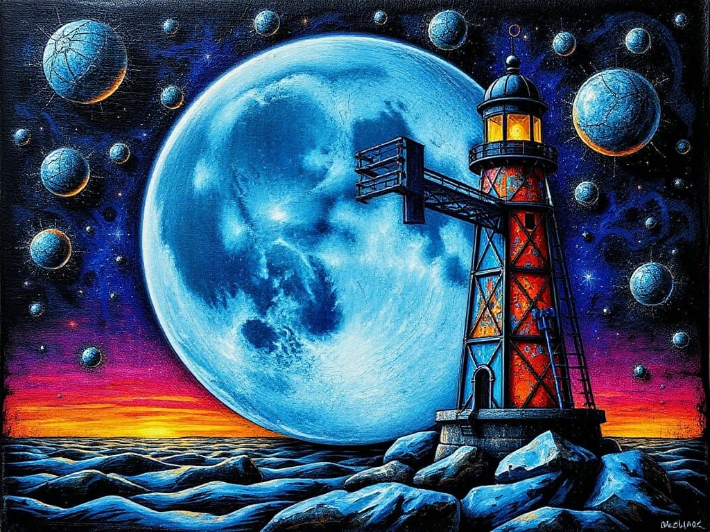 Steampunk Moon and Cyberpunk Lighthouse with Fractals