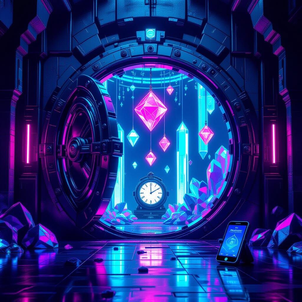 Futuristic Vault Opens to Reveal Glowing Cyberpunk Tokens