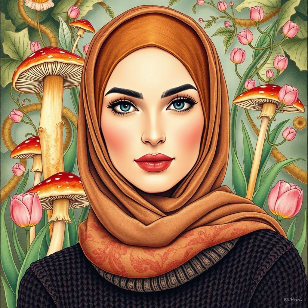 Ethereal Art Deco Hijab Portrait with Whimsical Florals