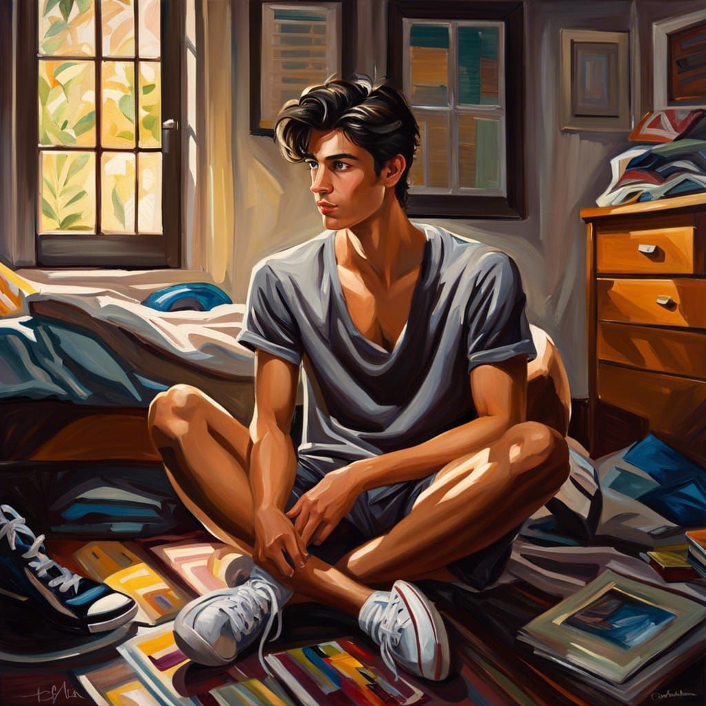 Pensive Young Man in Dorm, Oil Painting Portrait