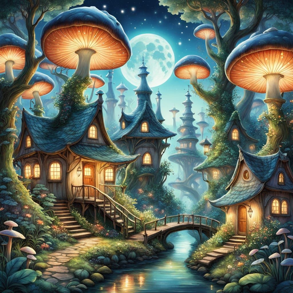 Enchanted Forest Village with Bioluminescent Mushrooms