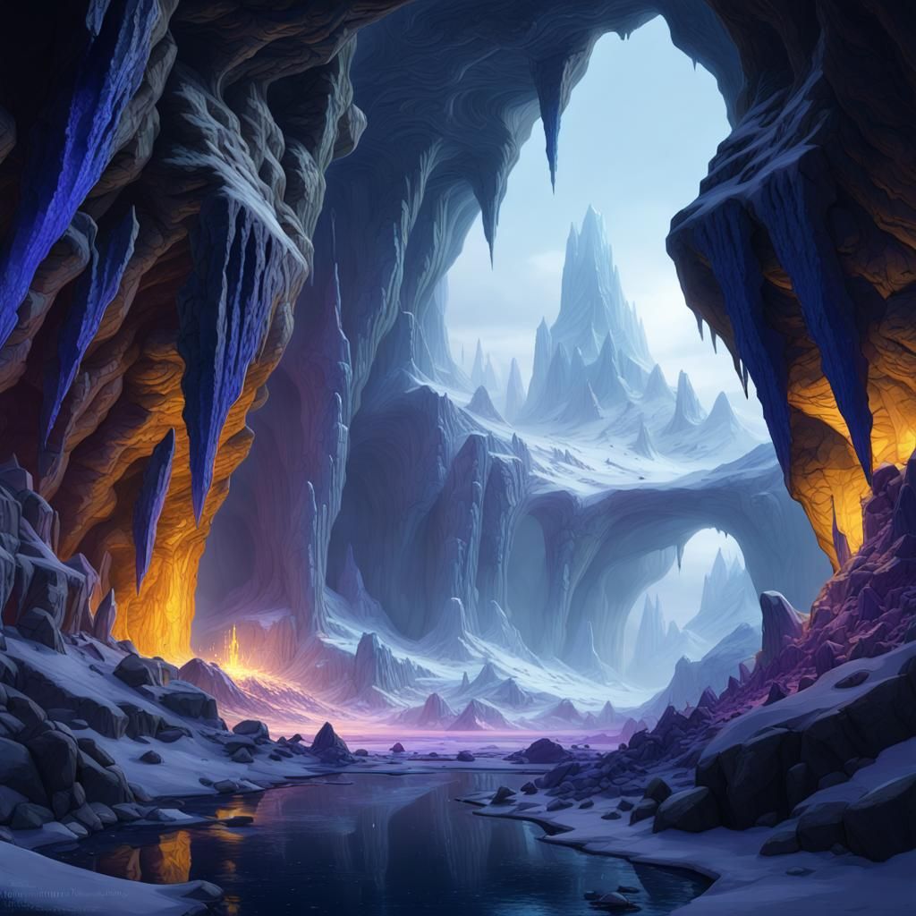 Winter Mountain Giant Sapphire Cave: Dark Fantasy Art