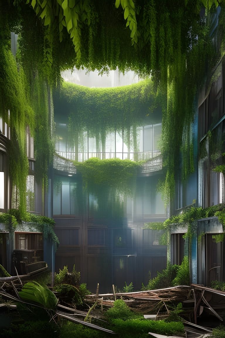 Abandoned Hotel Interior with Overgrown Plants