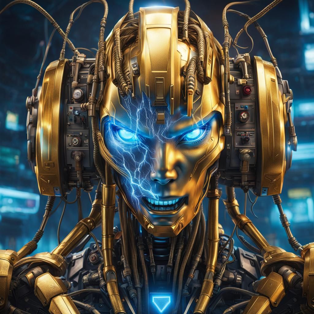 Golden Robot Screaming in Cyberpunk Bar