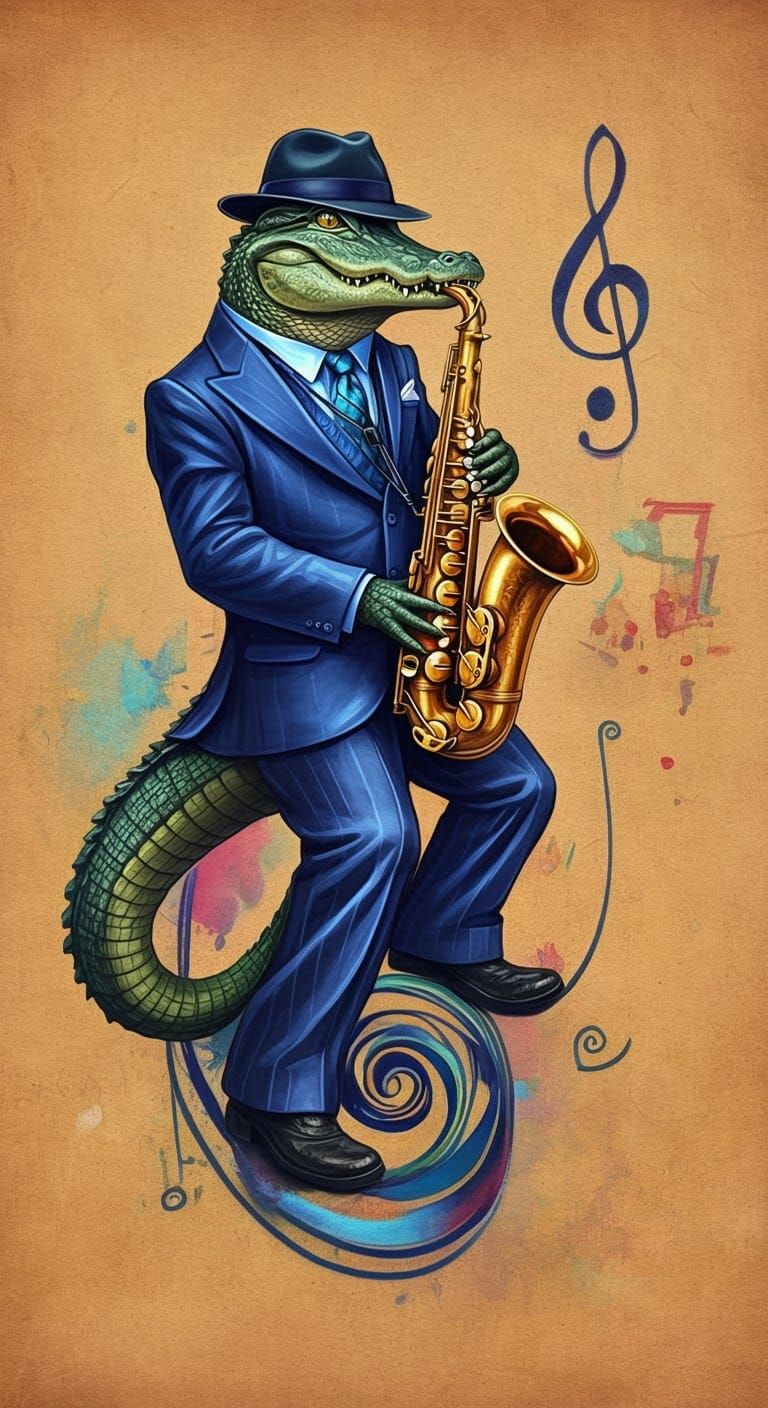 Alligator Saxophonist in Zoot Suit, Watercolor Style