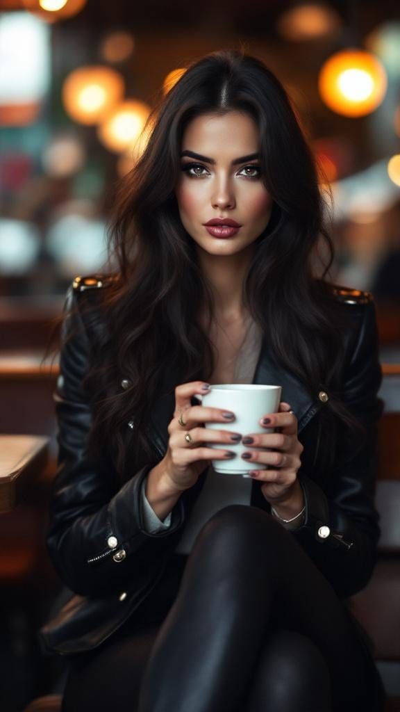 Confident Woman at Cafe in Fashion Editorial Style