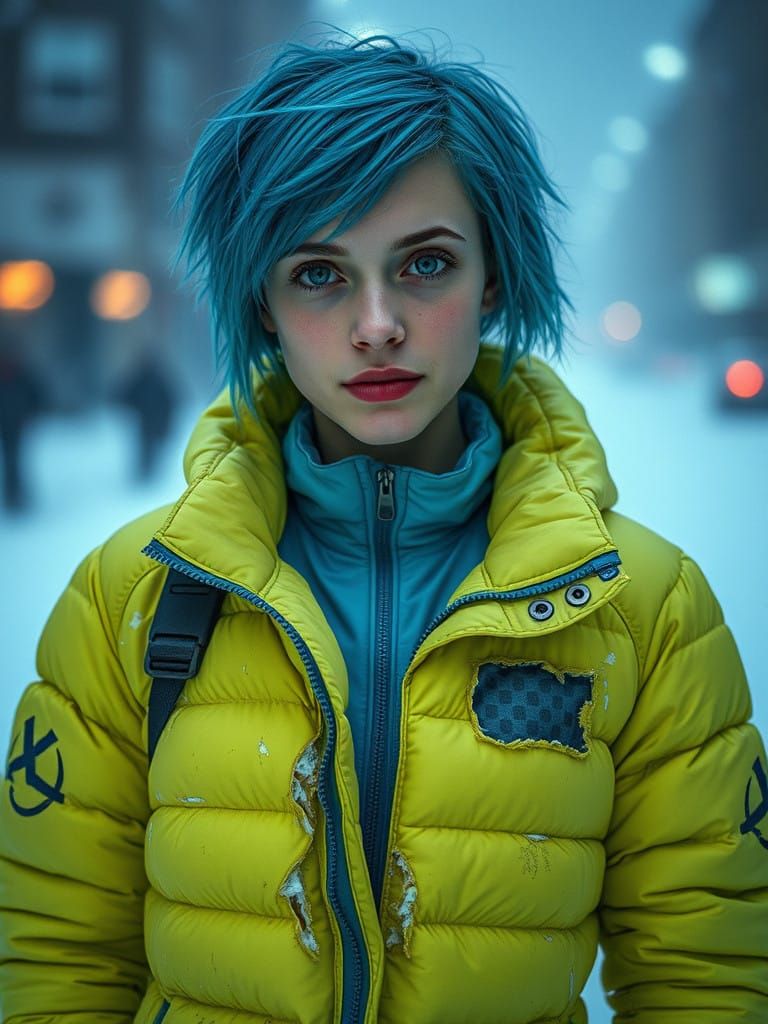 Athlete Carry Dons Tattered Down Jacket in Snowy Landscape