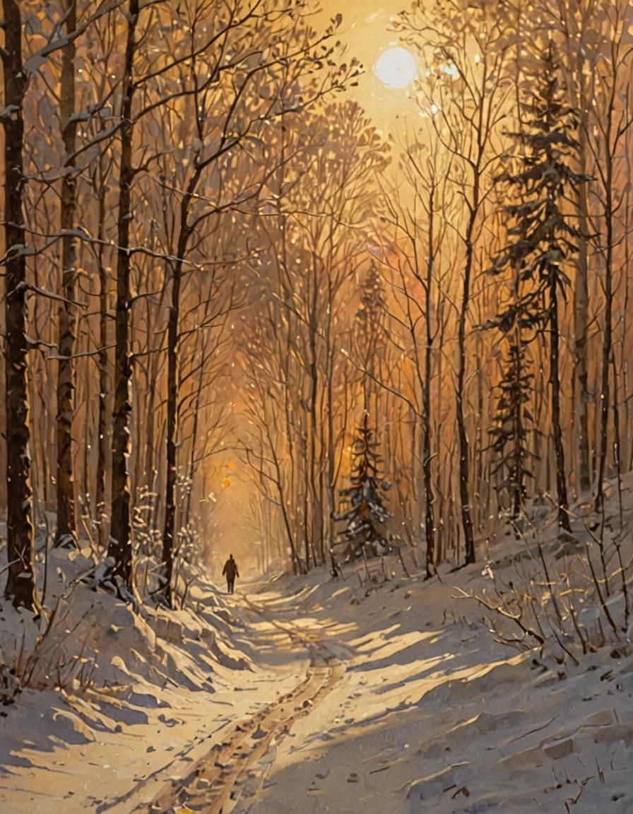 Winter Forest Sunset in the Style of Rembrandt