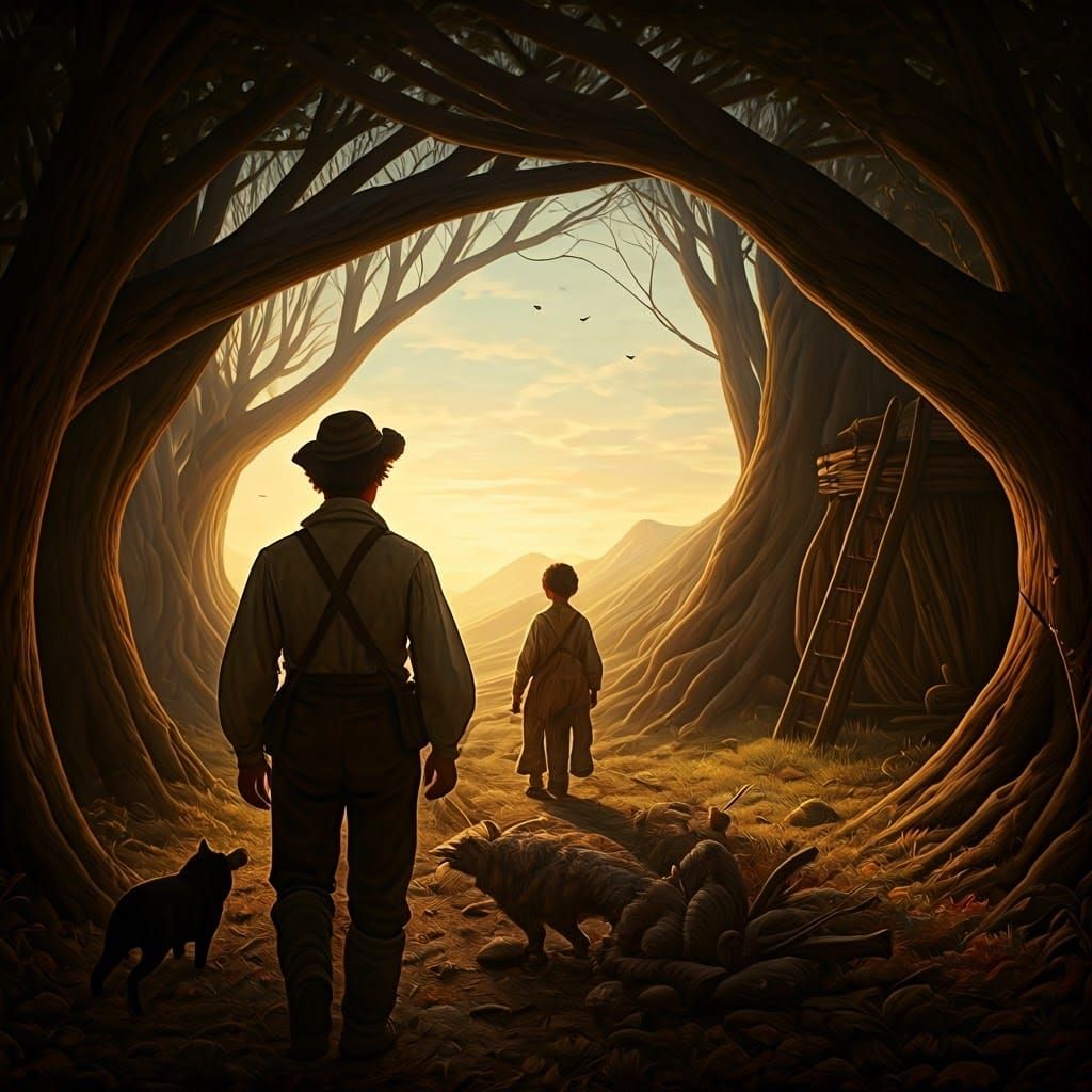 Two Men Digging in a Dense, Colorful Forest