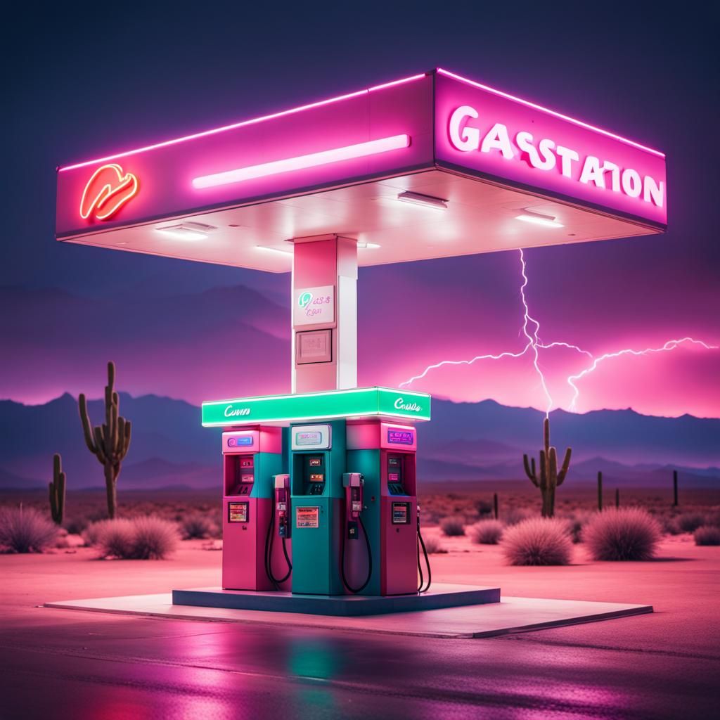 Vaporwave Gas Station in Desert Neon Lighting
