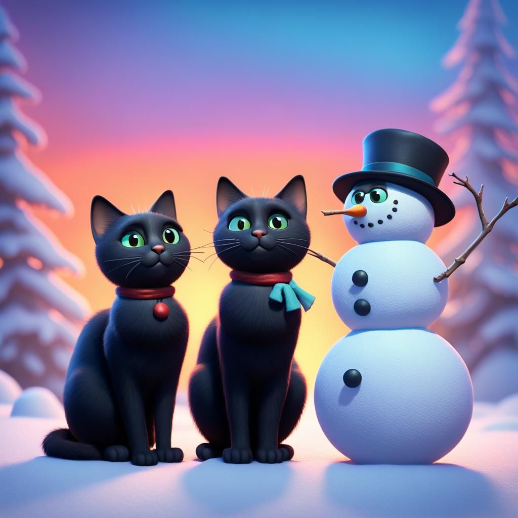 Black Cats Build a Snowman: 3D Digital Art