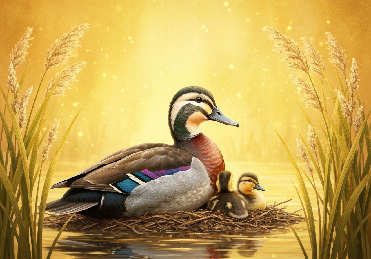 Wild Duck and Ducklings in Watercolour Sunlight