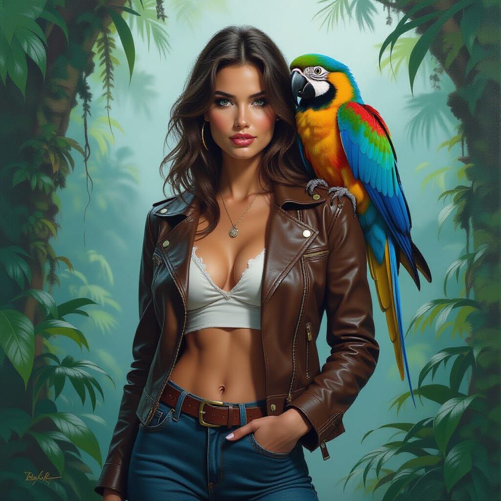 Adventuress and Macaw in Sensual Realism Style