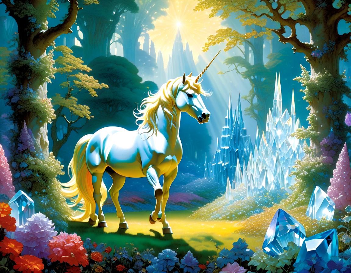 Mystical Unicorn in Crystalline Glade: Golden Age Illustrati...