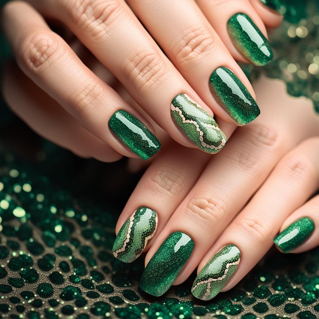 Green Glitter Snake Nail Art in Pastel Digital Style