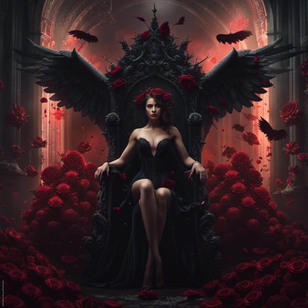 Mystical Dark Angel in Throne Room with Roses