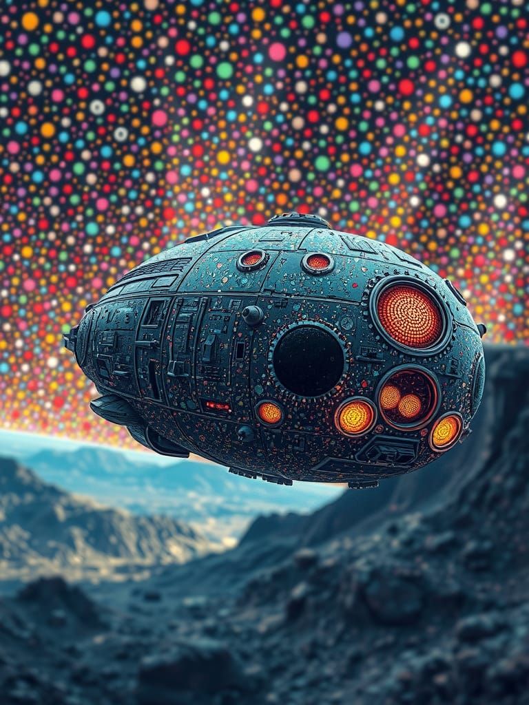 Pointillist Spaceship on Desolate Planet in Seurat Style