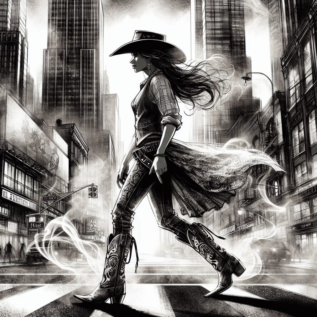 Urban Cowgirl Walking in City, Early 20th-Century Style