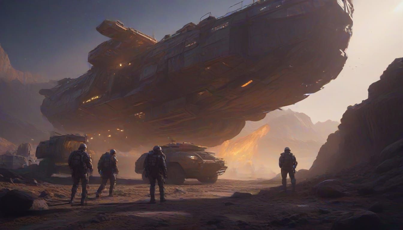 Sci-Fi Space Infantry Disembarkation in Harsh Alien Landscap...