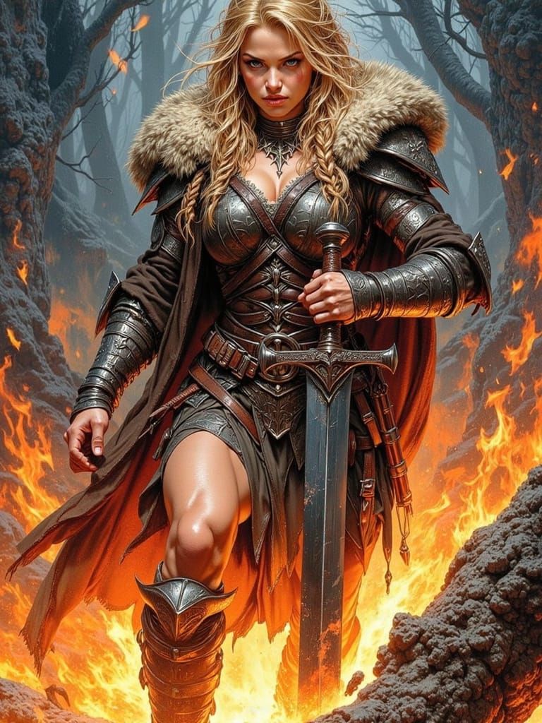 Tall Blonde Warrior Leaps Above Flames in Intricate Colored ...