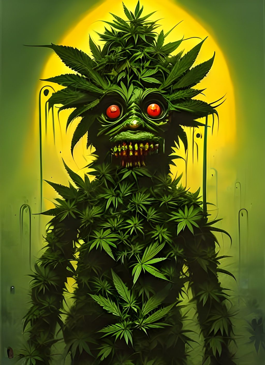 Grotesque Cannabis Golem Portrait in Gouache Style