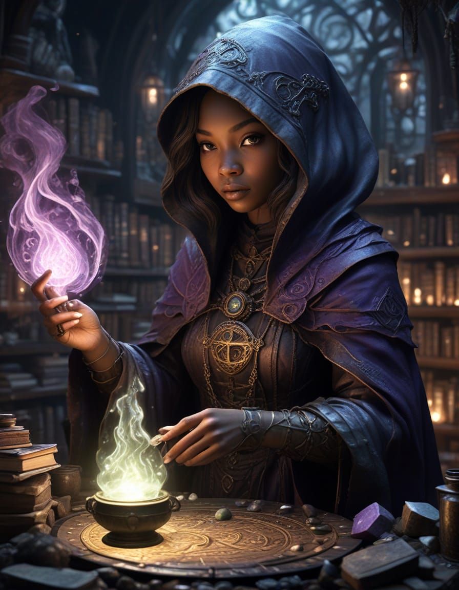 Eldritch Chibi Wizardess Stirs Dark Potion in Iridescent Cry...