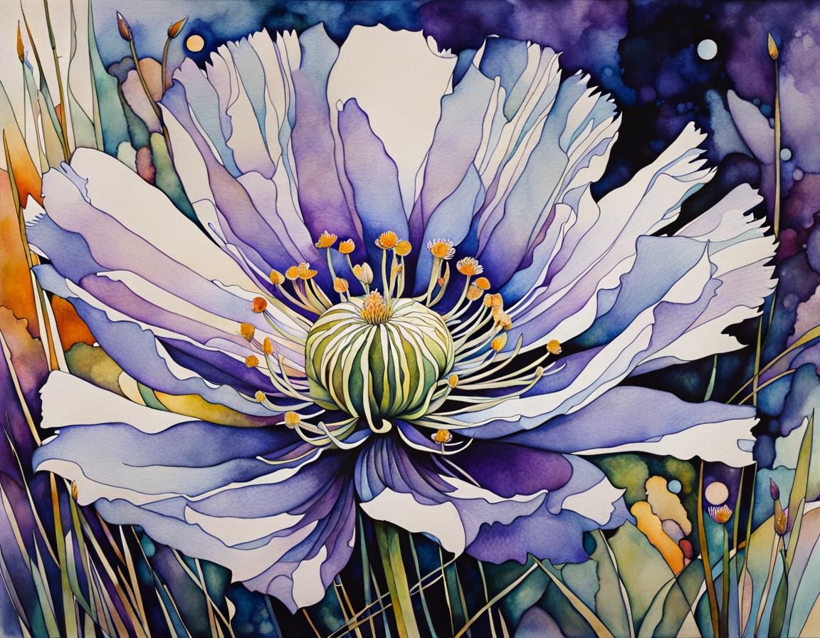 Intricate Pasque Flower Bloom in Cubist Ink and Watercolour ...