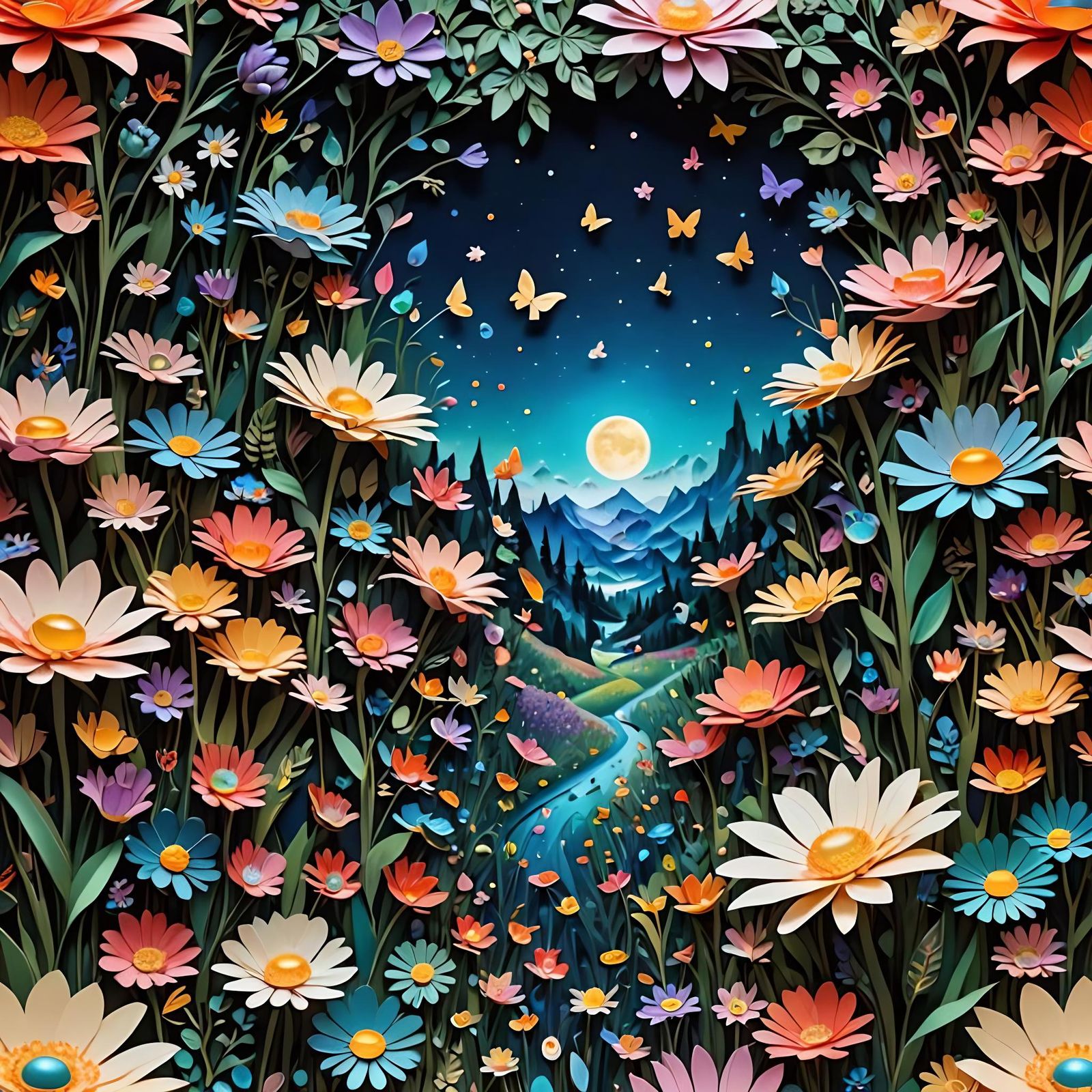 Iridescent Bejeweled Flowers in a Dreamcore Field