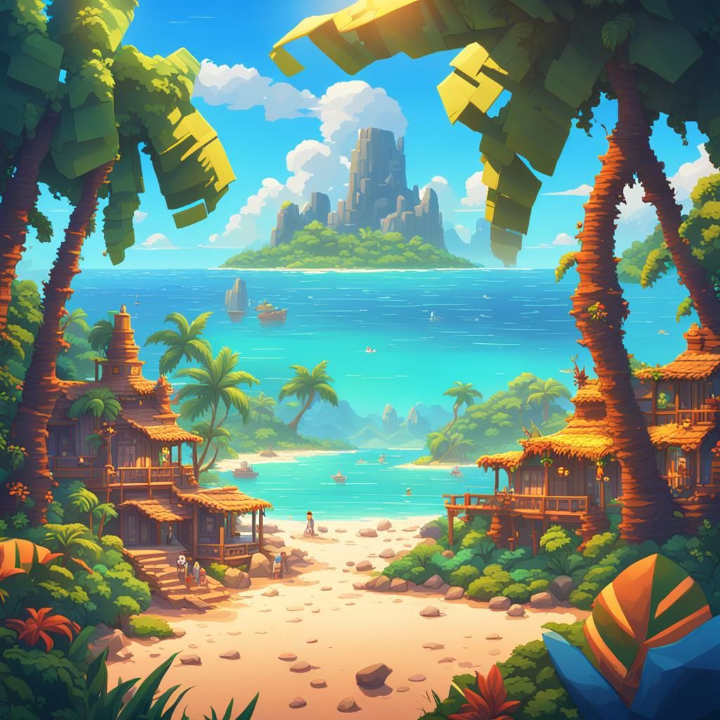 Tropical Beach Paradise in Pixel Art Style
