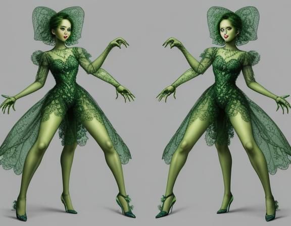 Elegant Four-Legged Green Lady in Lace Dress