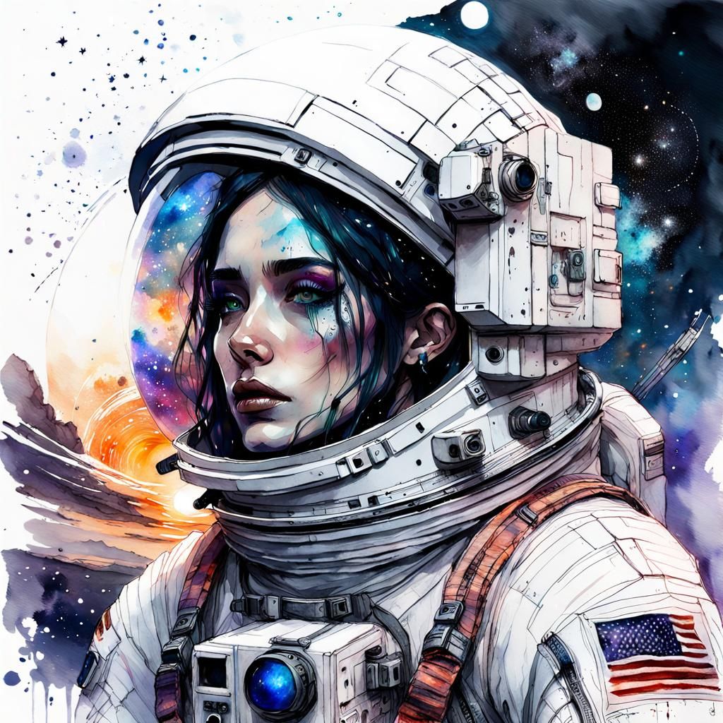 Goth Astronaut in Space: Digital Watercolor Art