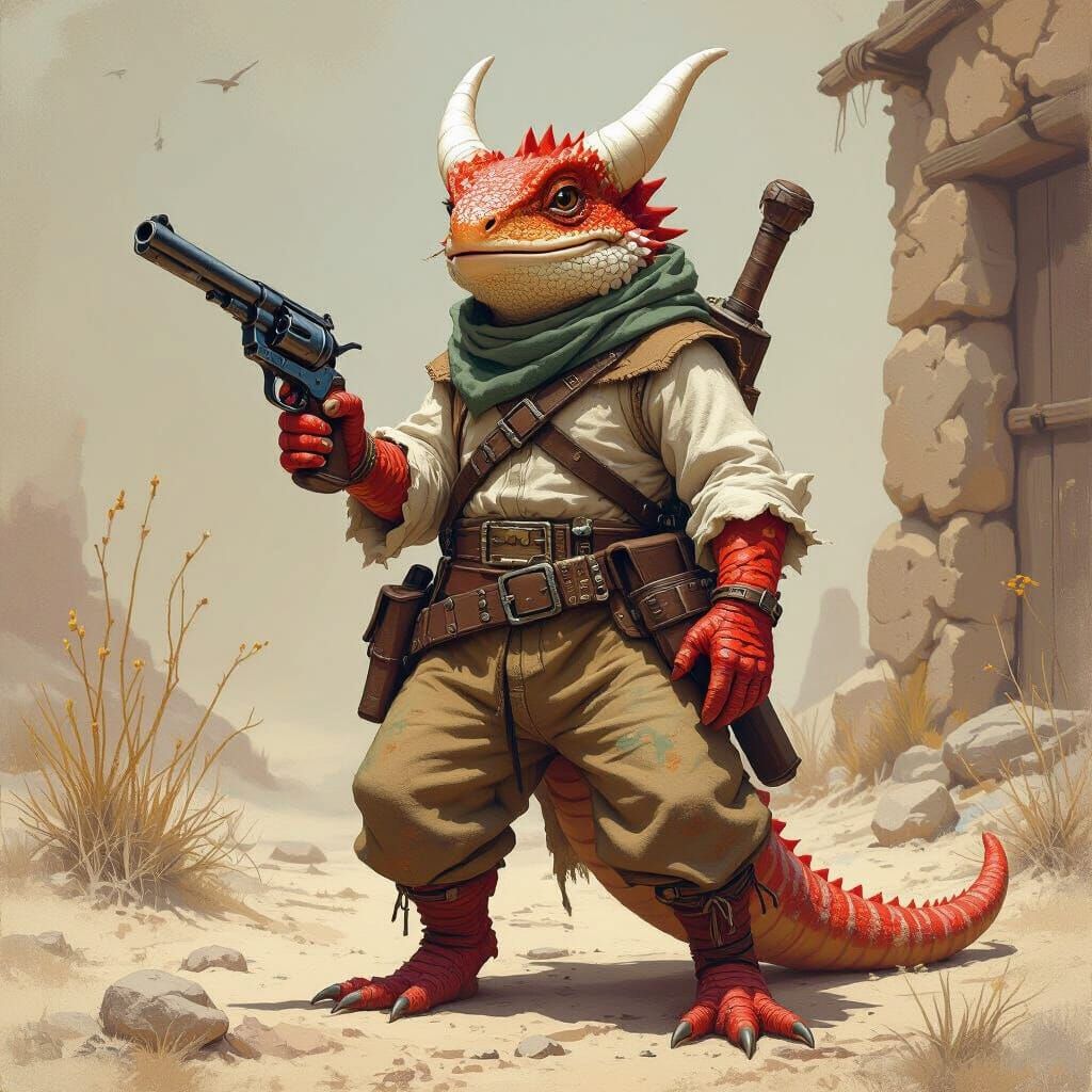 Lizard Kobold with Revolver in Fantasy Art Style