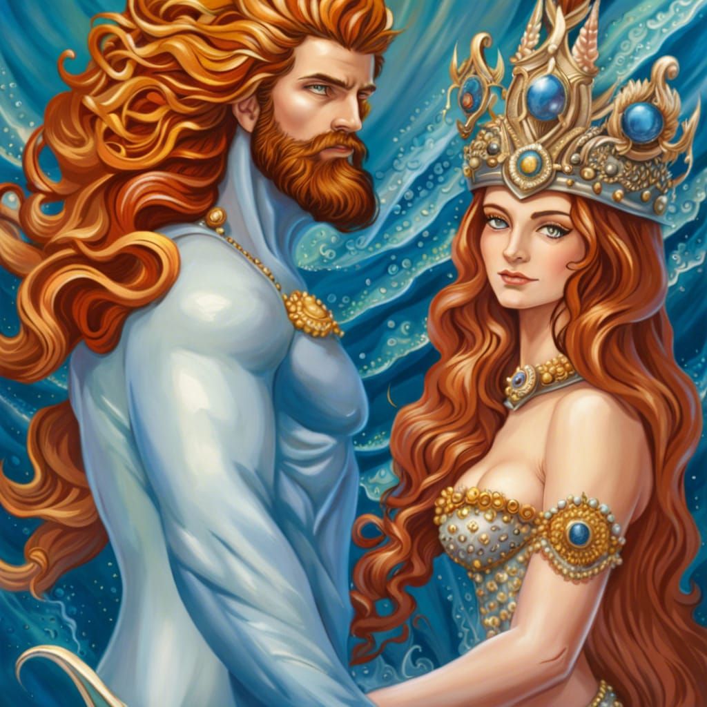 Poseidon and Mermaid Queen: Detailed Artistic Scene