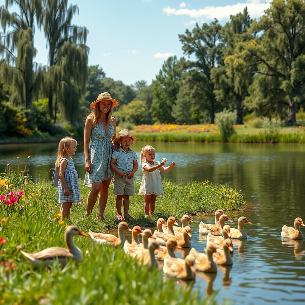 Serene Family Moment with Ducks in a Summer Landscape