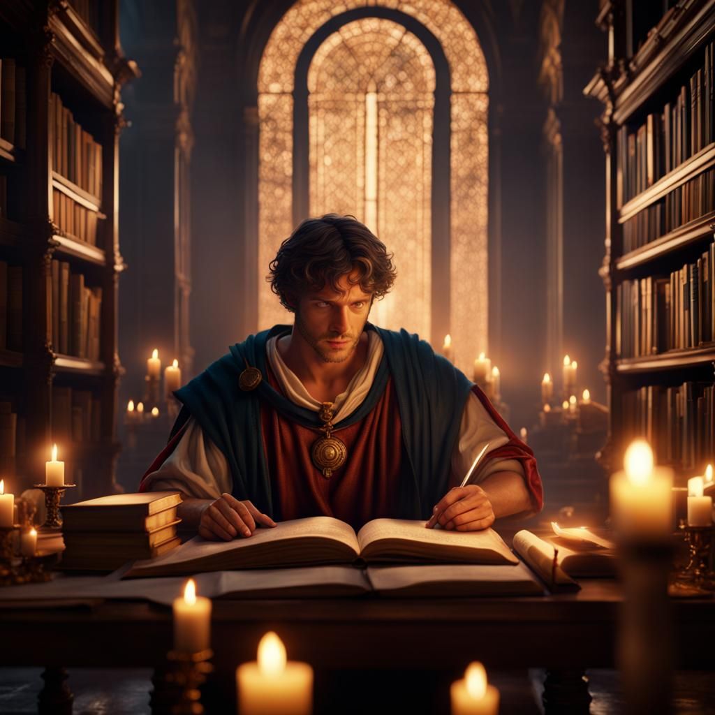 Ancient Roman Writer at Night in Library