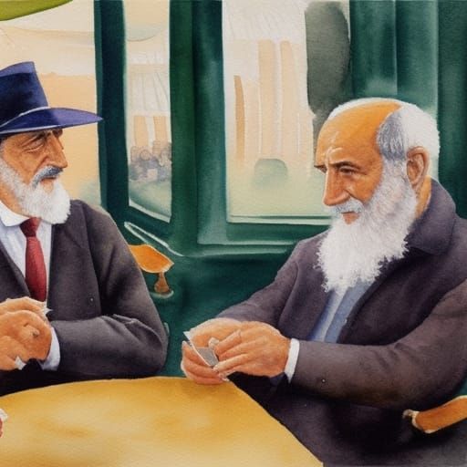 Cafe Scene with Two Men in Watercolor Style