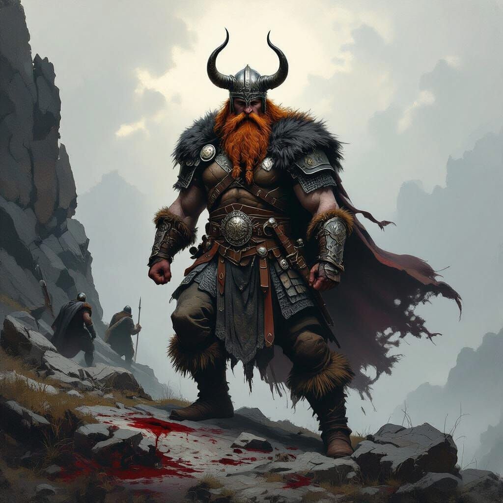 Viking Warrior Defends Cliff in Dramatic Oil Painting Style