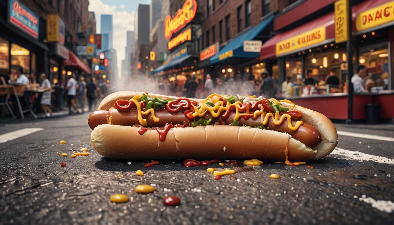 Hyper-Realistic Hot Dog on Bustling City Street