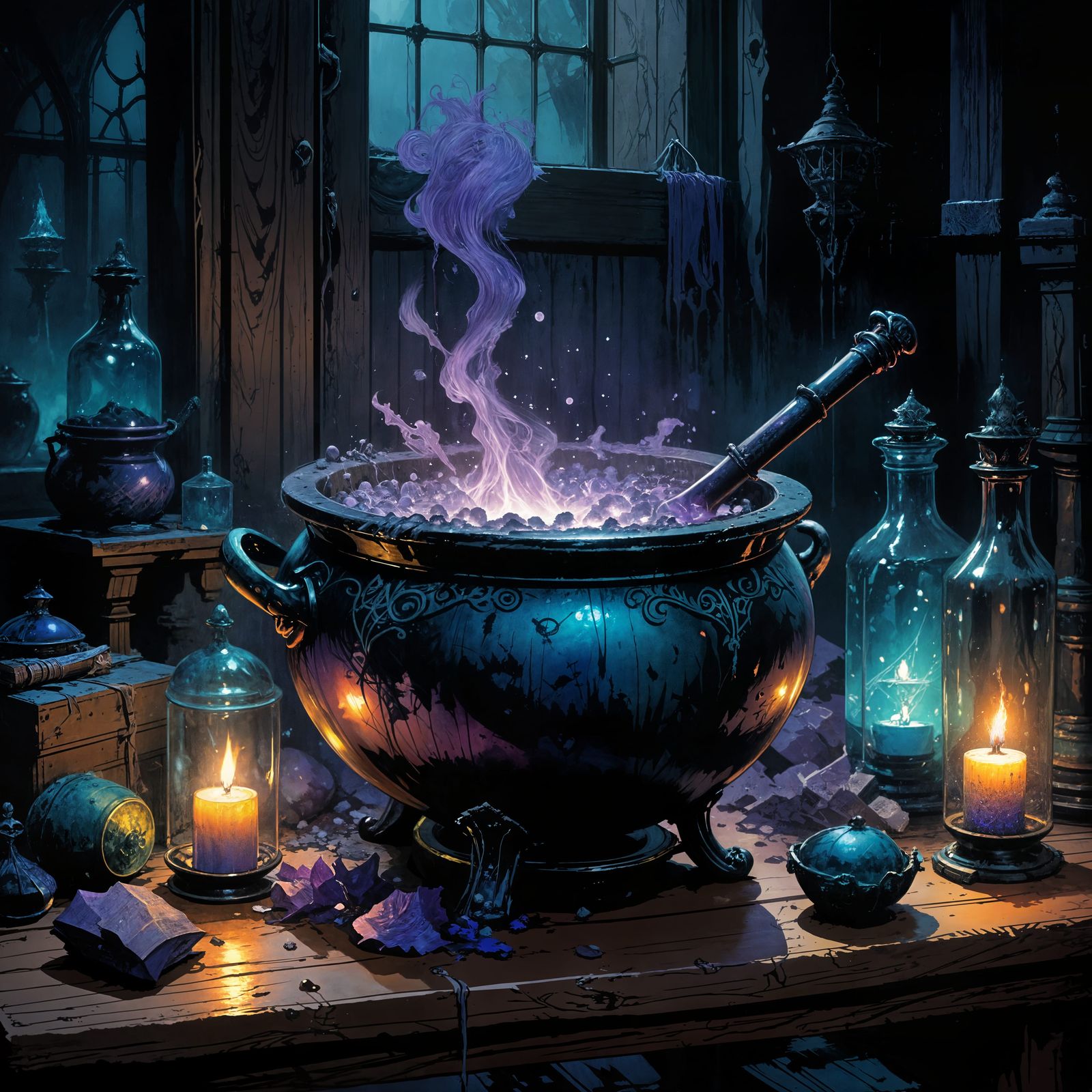 Surreal Dark Fantasy Witches' Cauldron Study in Haunted Atmo...