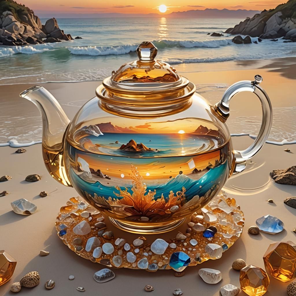 Miniature Surreal Sunset Scene Inside Glass Teapot