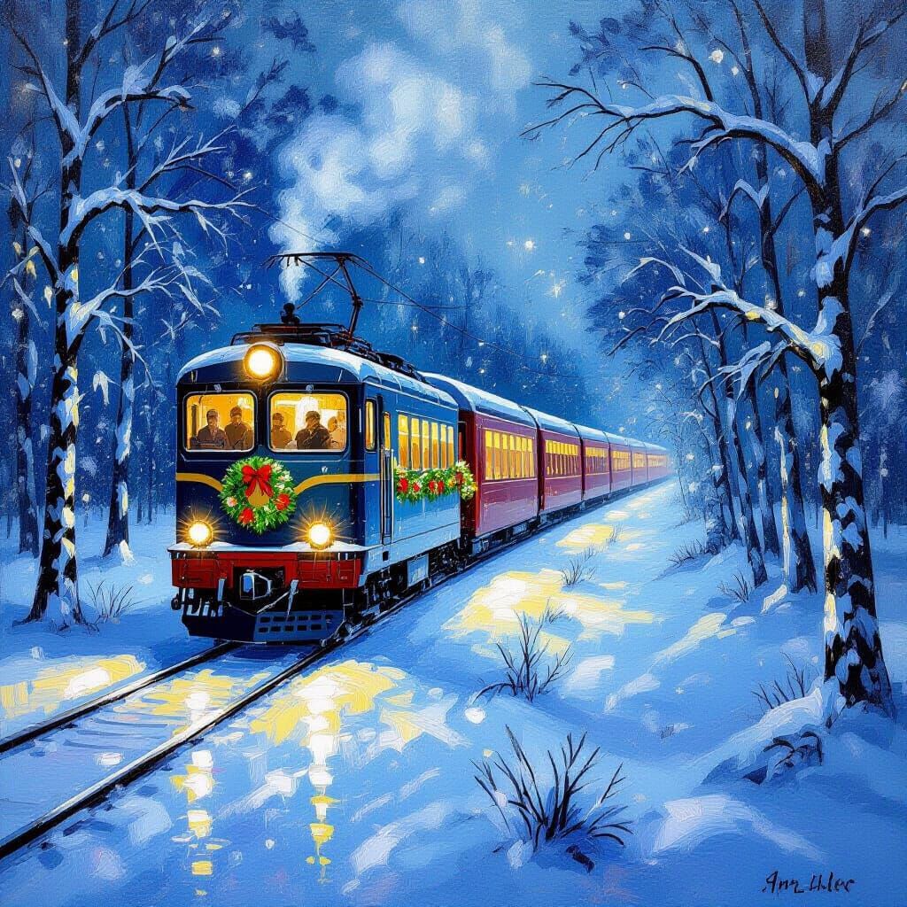 Illuminated New Year's Train in Snowy Forest, Impasto Style
