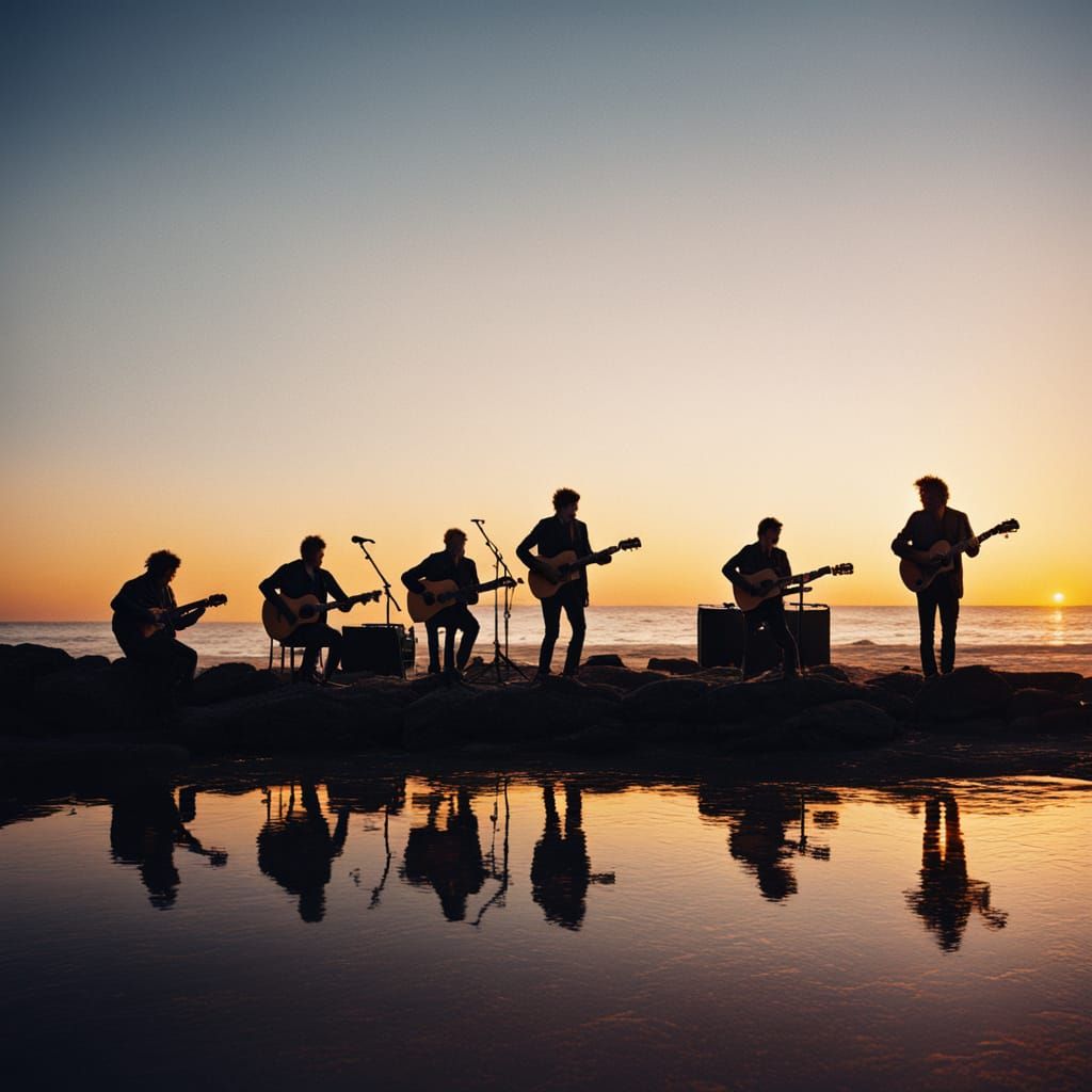 Beach Band at Sunset in Cinematic Film Still
