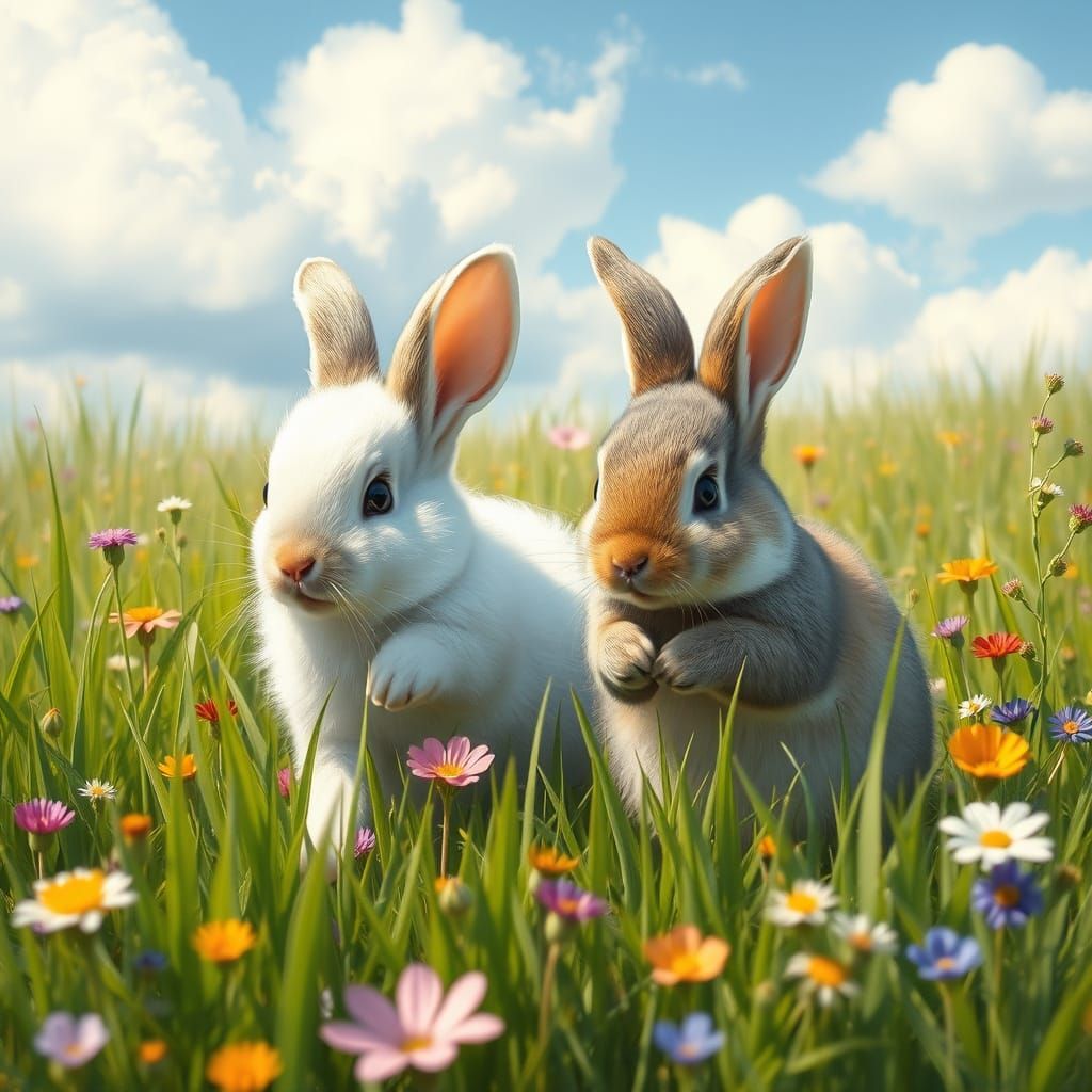 Whimsical Bunnies Frolic in a Lush Green Meadow