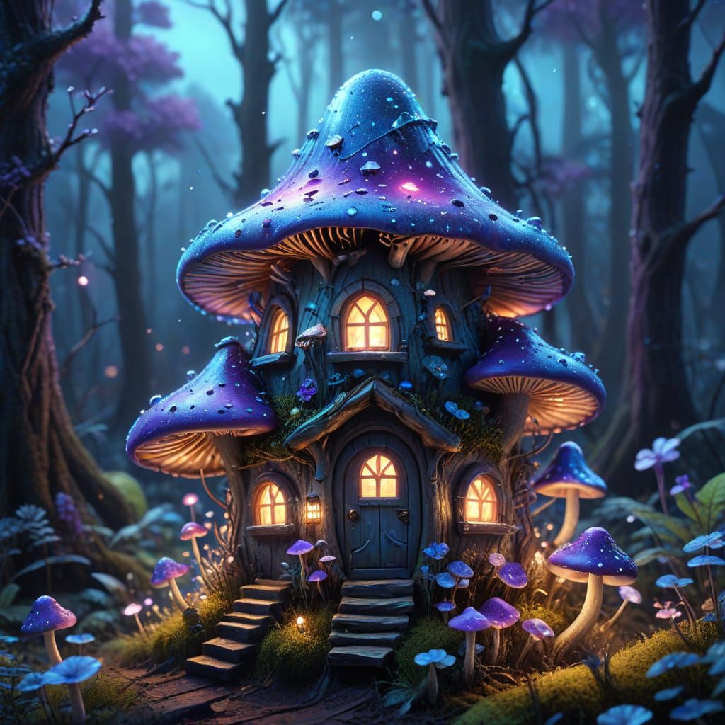 Enchanted Fairy Mushroom House in Bioluminescent Forest