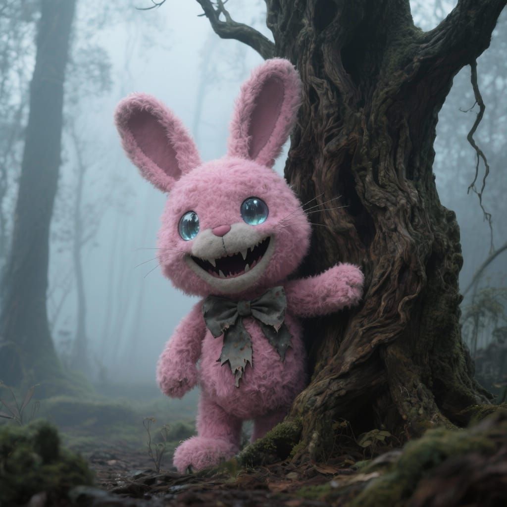 Creepy Pink Rabbit Lurks in Misty Forest