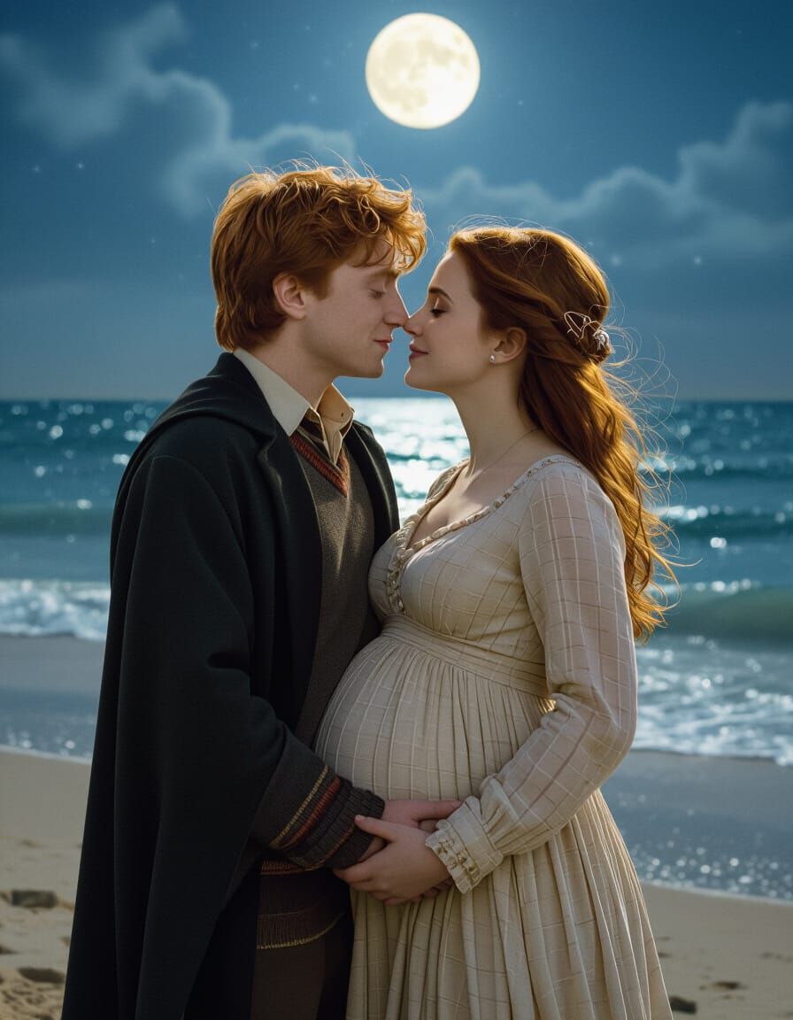 Ron and Hermione Embrace on Moonlit Beach in Surreal Style