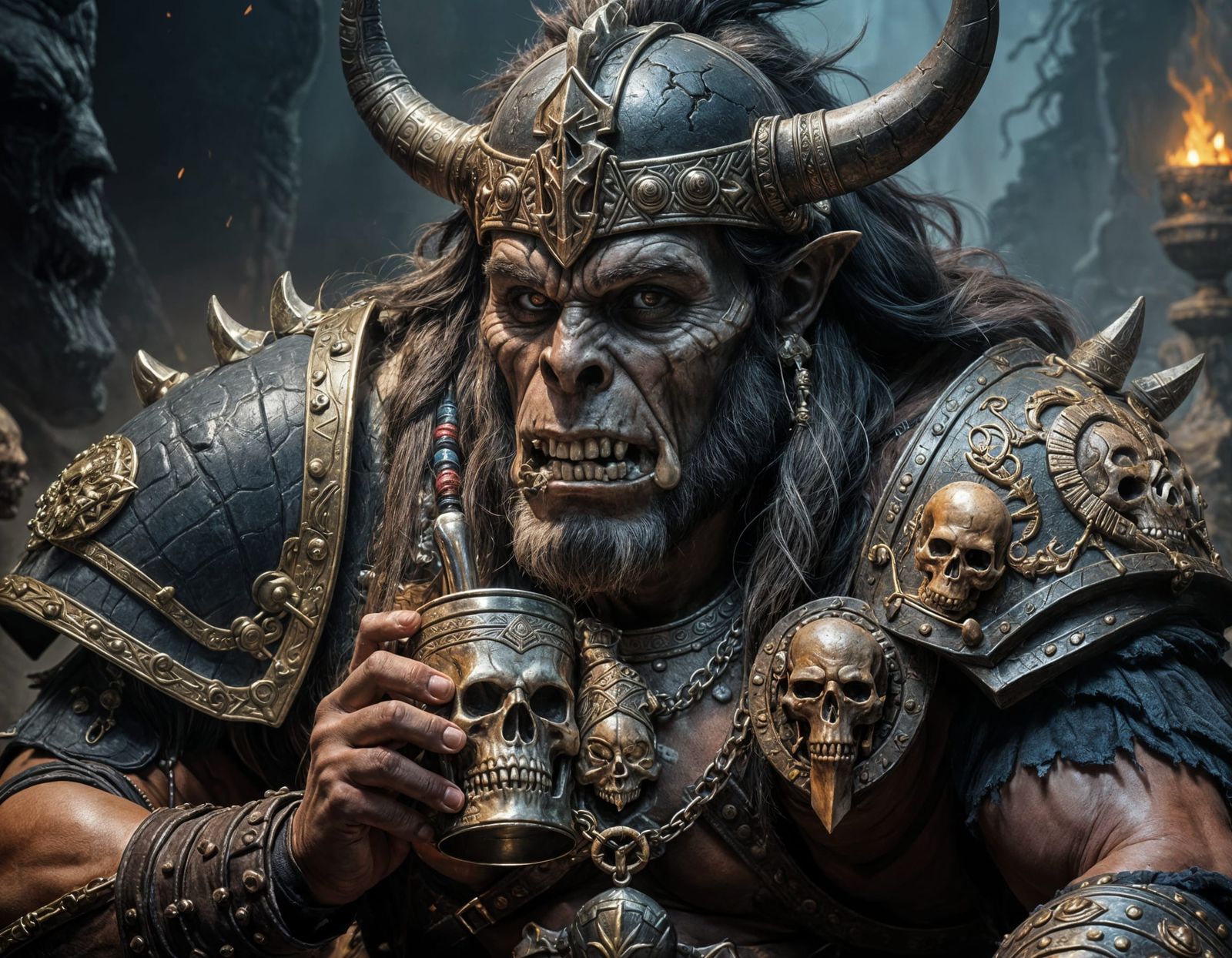 Barbarian Chief Drinks From Skull Cup