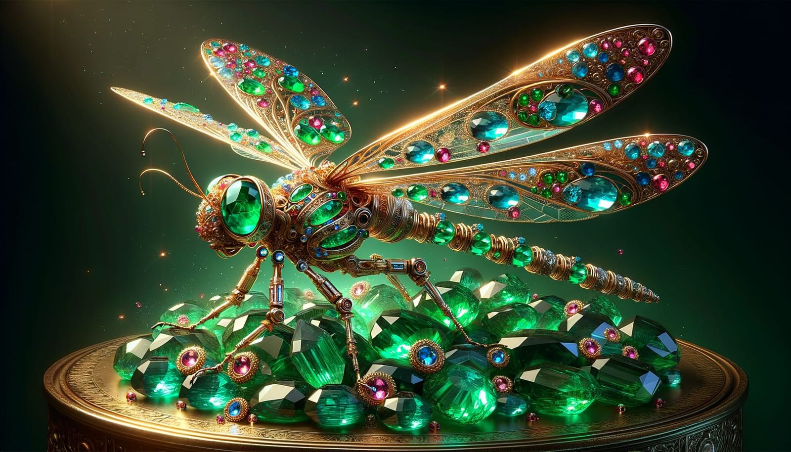 Steampunk Dragonfly with Emeralds, as Digital Illustration