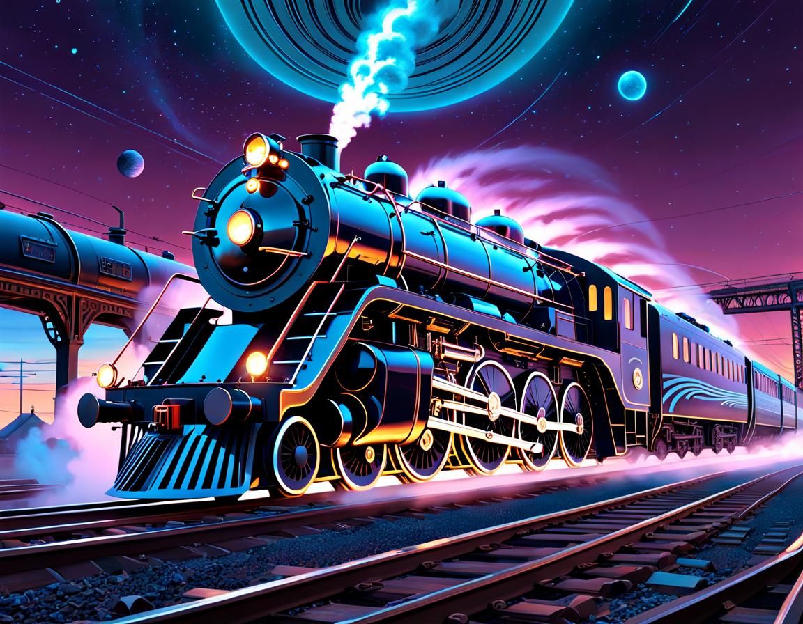 Cyberpunk Steam Train in Cosmic Motion