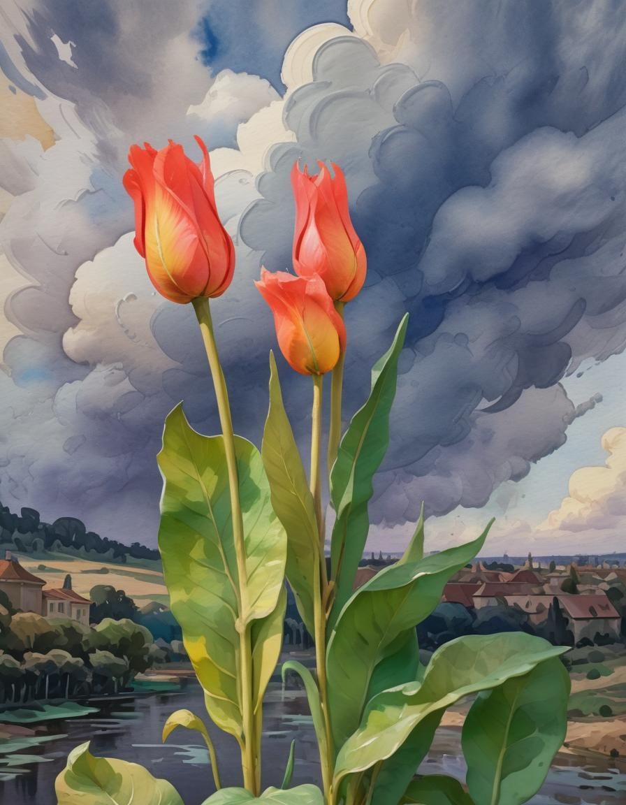 Gouache Style Tulips Impressionist Masterpiece